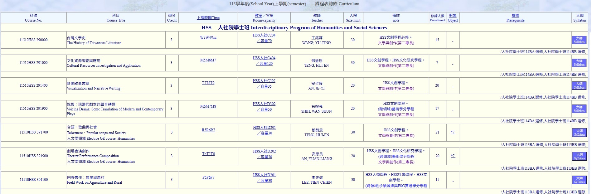 本學期學士班課程課表